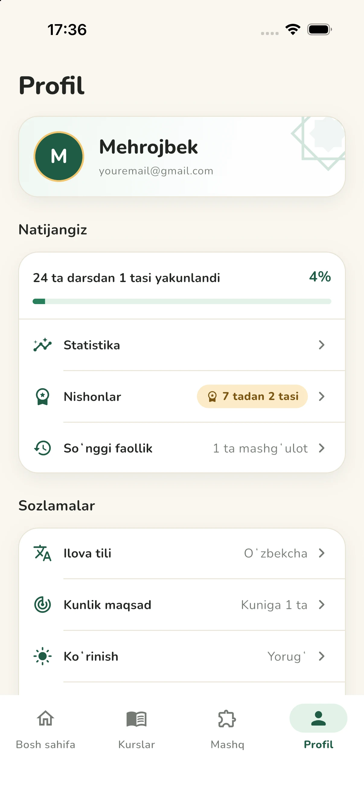 Profil sahifasi: natija, statistika, nishonlar va sozlamalar